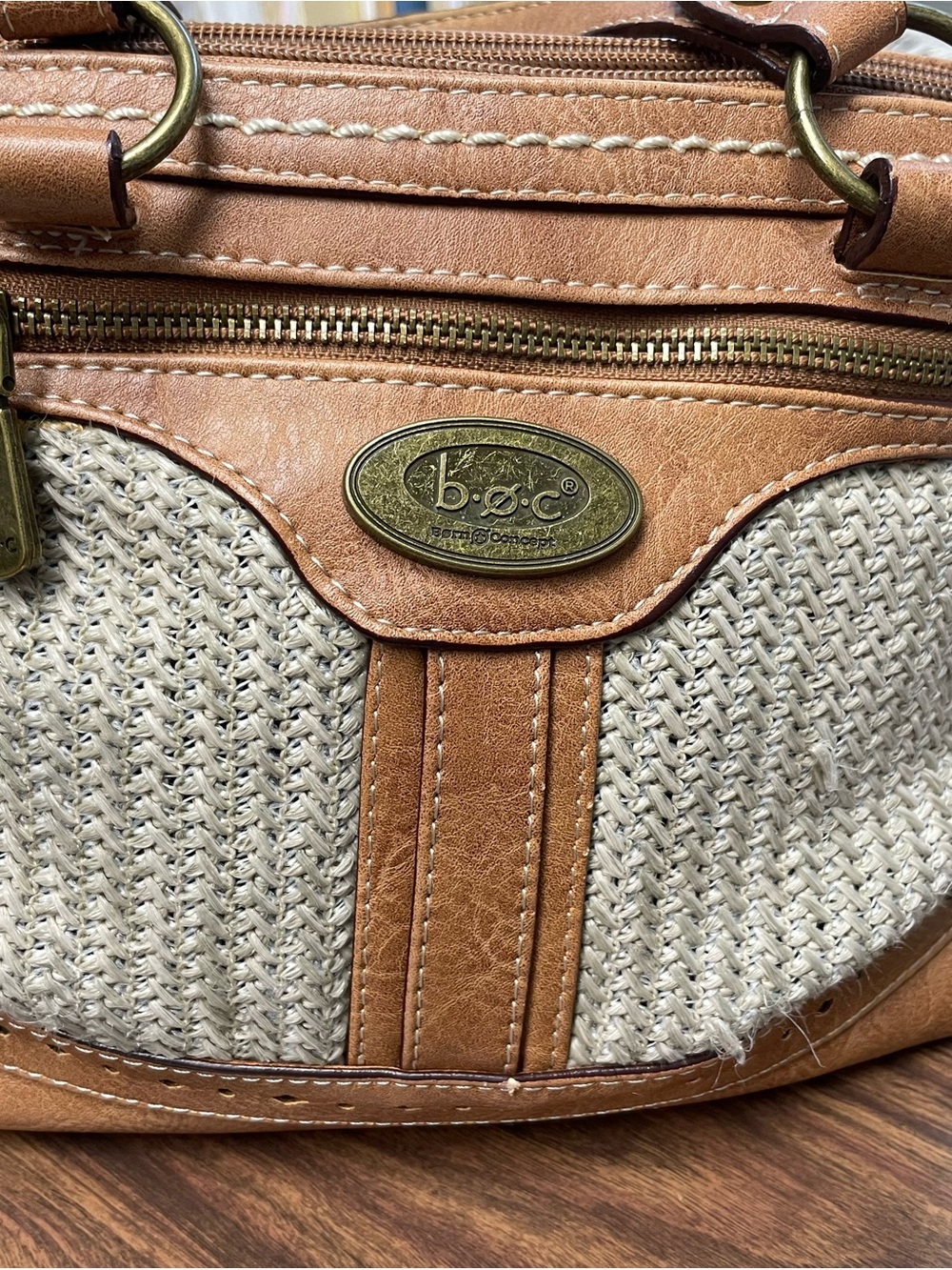 b.o.c. Tan and Cream Woven Shoulder Bag with Brass Accents